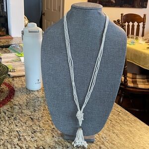Long White Beaded Tassel Necklace